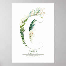 Poster Monograma de letra C dourado Foliagem Chic