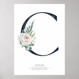 Poster Monograma de Letra C Flores Brancas e Folhagens