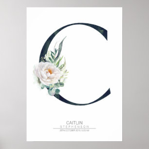 Poster Monograma de Letra C Flores Brancas e Folhagens