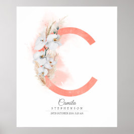 Poster Monograma de Letra C Orquídeas Brancas e Grama Pam