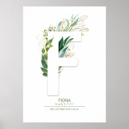 Poster Monograma de Letra F em Dourado Folhagem Chic