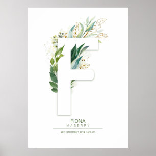Poster Monograma de Letra F em Dourado Folhagem Chic