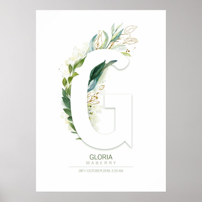 Poster Monograma de letra G dourado Folhagem Verde Chic (Frente)