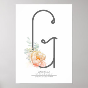 Poster Monograma de Letra G em Rosa Bege Decoração Floral