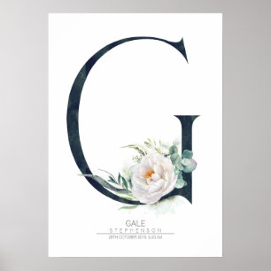Poster Monograma de Letra G Flores Brancas e Verdura