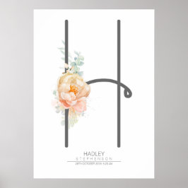 Poster Monograma de Letra H Decoração de Casa Floral Bege