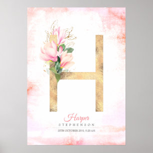 Poster Monograma de letra H dourado com folhas de magnóli