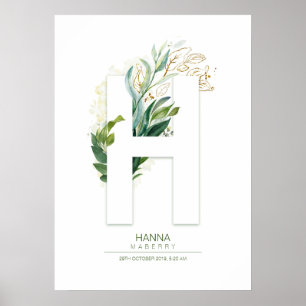 Poster Monograma de Letra H Dourado Folhagem Chic