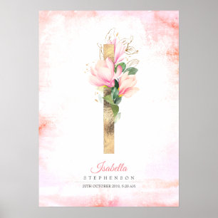 Poster Monograma de Letra I Dourado Folhas Magnólia Rosa 