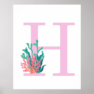 Poster Monograma de Letra Inicial H Cartaz Rosa Coral Tur
