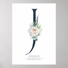 Poster Monograma de Letra J com Flores Brancas e Folhagem