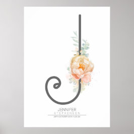Poster Monograma de Letra J em Rosa Bege Decoração Floral