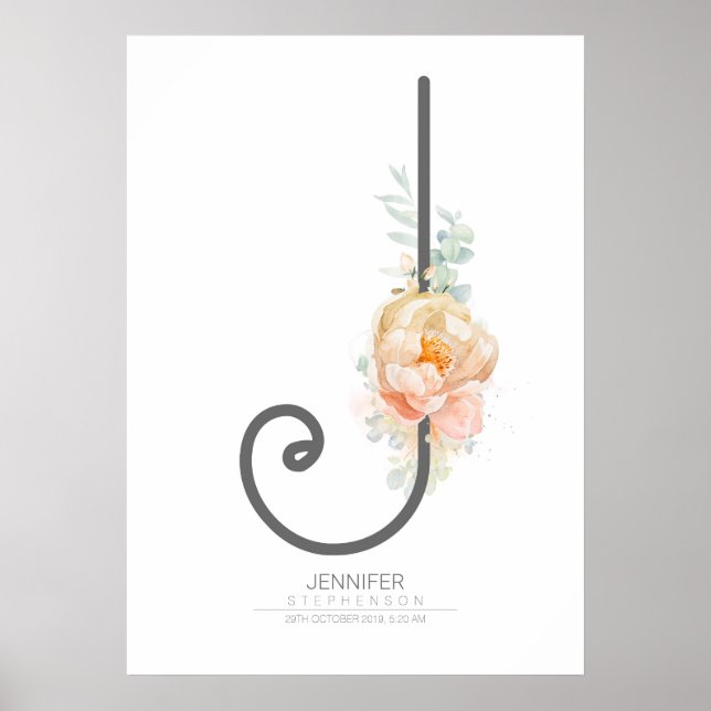 Poster Monograma de Letra J em Rosa Bege Floral Decoração (Frente)