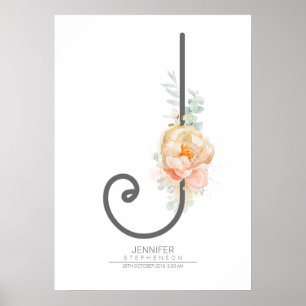 Poster Monograma de Letra J em Rosa Floral para Decoração