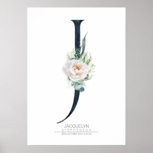 Poster Monograma de Letra J Flores Brancas e Folhagens