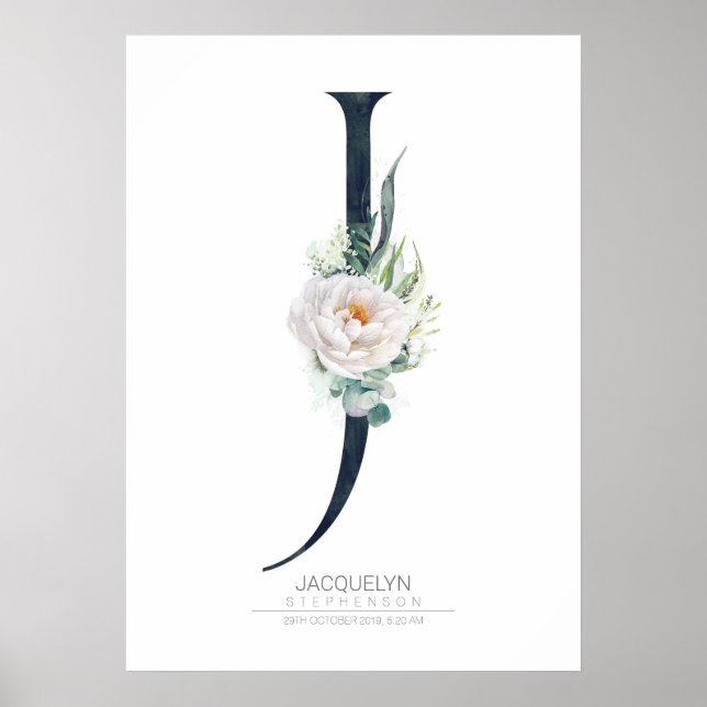Poster Monograma de Letra J Flores Brancas e Folhagens (Frente)