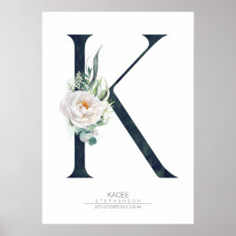 Poster Monograma de Letra K com Flores Brancas e Folhagen
