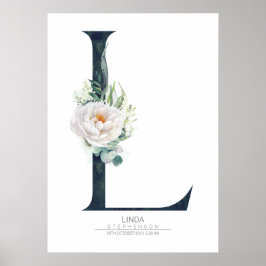 Poster Monograma de Letra L Flores Brancas e Folhagens
