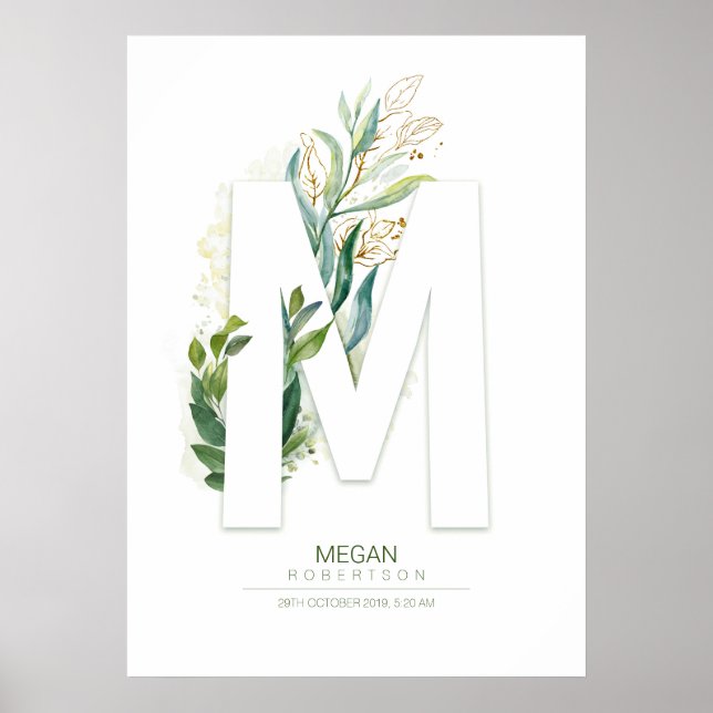 Poster Monograma de letra M dourado folhagem Chic (Frente)