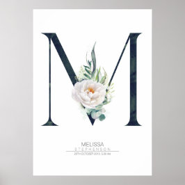 Poster Monograma de letra M flores brancas e folhagens