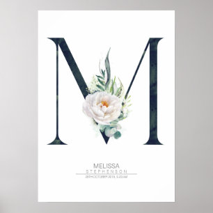 Poster Monograma de letra M flores brancas e folhagens