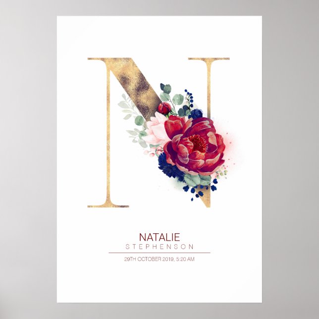 Poster Monograma de letra N floral azul marinho e burgund (Frente)