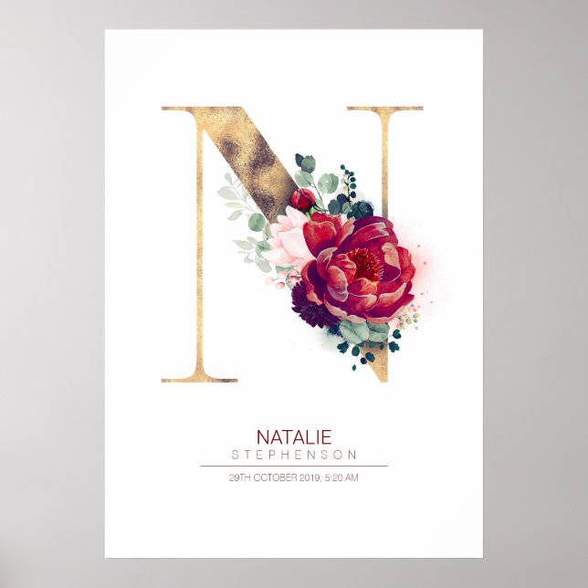 Poster Monograma de letra N floral burgundy vermelho e do (Frente)