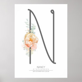 Poster Monograma de letra N rosa bege decoração floral pa