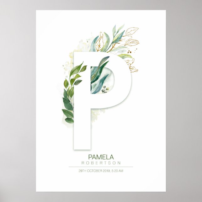 Poster Monograma de letra P dourado Foliagem Chic (Frente)