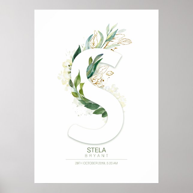 Poster Monograma de Letra S Dourado Folhagem Chic (Frente)