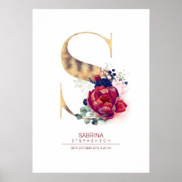 Poster Monograma de Letra S Floral Azul Marinho e Borgonh