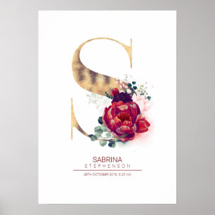 Poster Monograma de Letra S Floral Burgundy Vermelho e Do