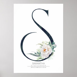 Poster Monograma de Letra S Flores Brancas e Folhagem