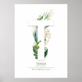 Poster Monograma de Letra T Dourado Folhagem Chic