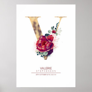 Poster Monograma de letra V floral burgundy vermelho e do