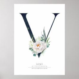 Poster Monograma de Letra V Flores Brancas e Folhagens
