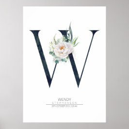 Poster Monograma de Letra W Flores Brancas e Folhagens