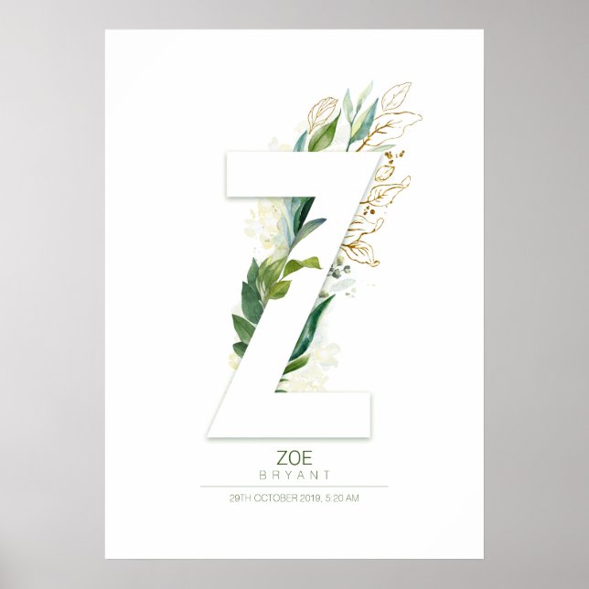 Poster Monograma de letra Z dourado folhagem sonhadora (Frente)