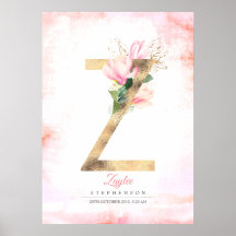 Monograma de letra Z dourado folhas magnólia rosa 
