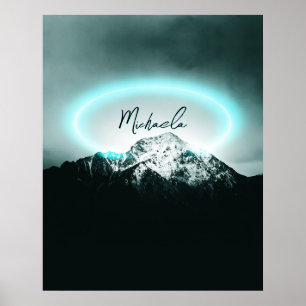 Poster Monograma de luz neon azul misterioso da montanha