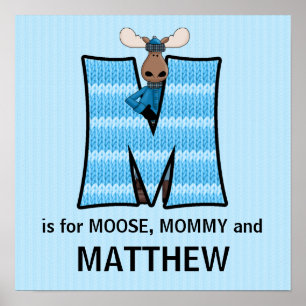 Pôster Monograma de Moose Azul Letra M Quarto de Bebê