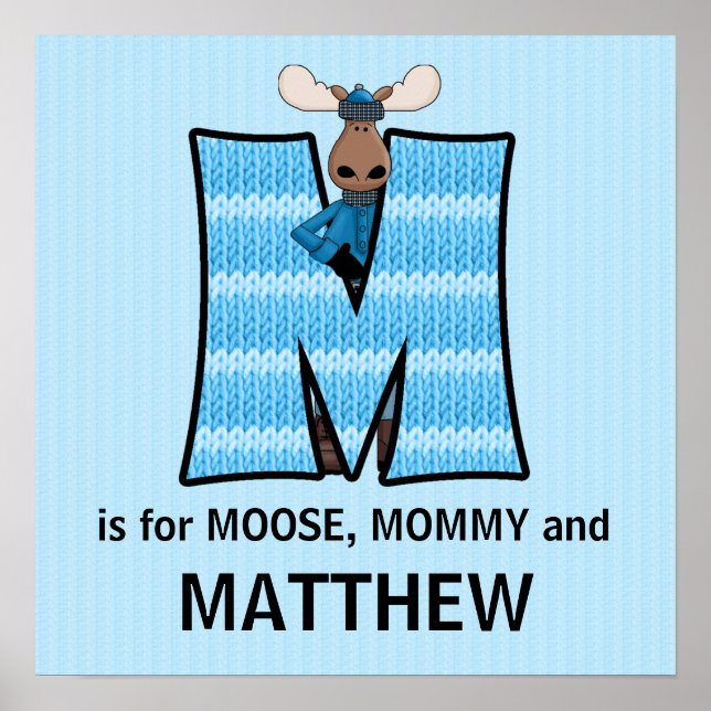 Pôster Monograma de Moose Azul Letra M Quarto de Bebê (Frente)