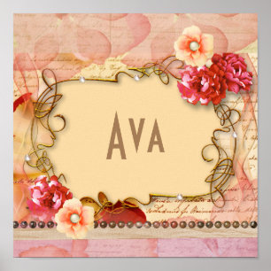 Pôster Monograma de Nome Personalizado Girassol Floral Co