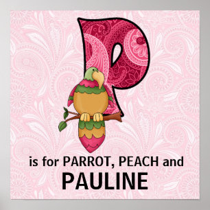 Poster Monograma de Papagaio Rosa Grande Letra P Quarto d