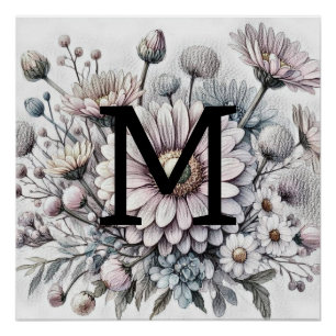 Pôster Monograma desenho floral cor-de-rosa gerbera daisi