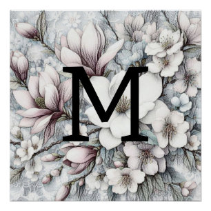 Pôster Monograma desenho floral flores de magnólias cor-d