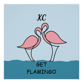 Pôster Monograma - Dois Flamingos Rosa com Ponta de Água