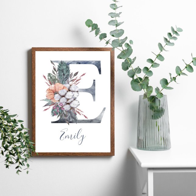Poster Monograma E de Cor Floral Azul (Blue White Peach Watercolor Floral Monogram Letter E)