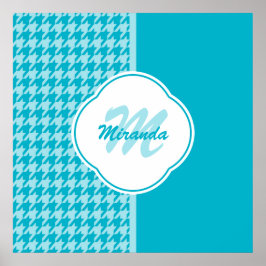 Pôster Monograma e Nome da Modern Turquoise Houndstooth