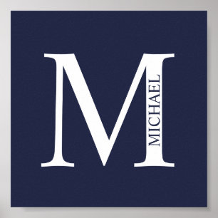 Poster Monograma e Nome Personalizados Azul-marinho